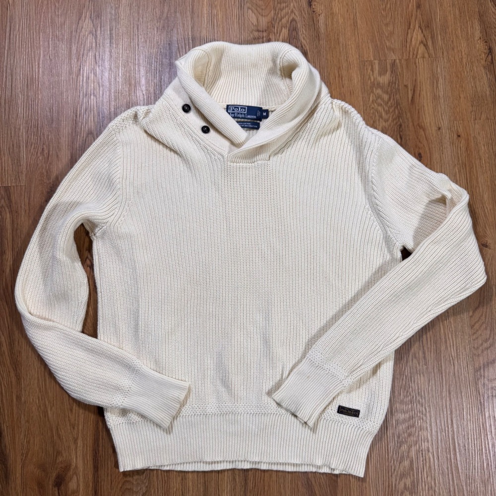 Polo Ralph Lauren Womens Cream Ribbed Cotton Shawl Collar Sweater Size M